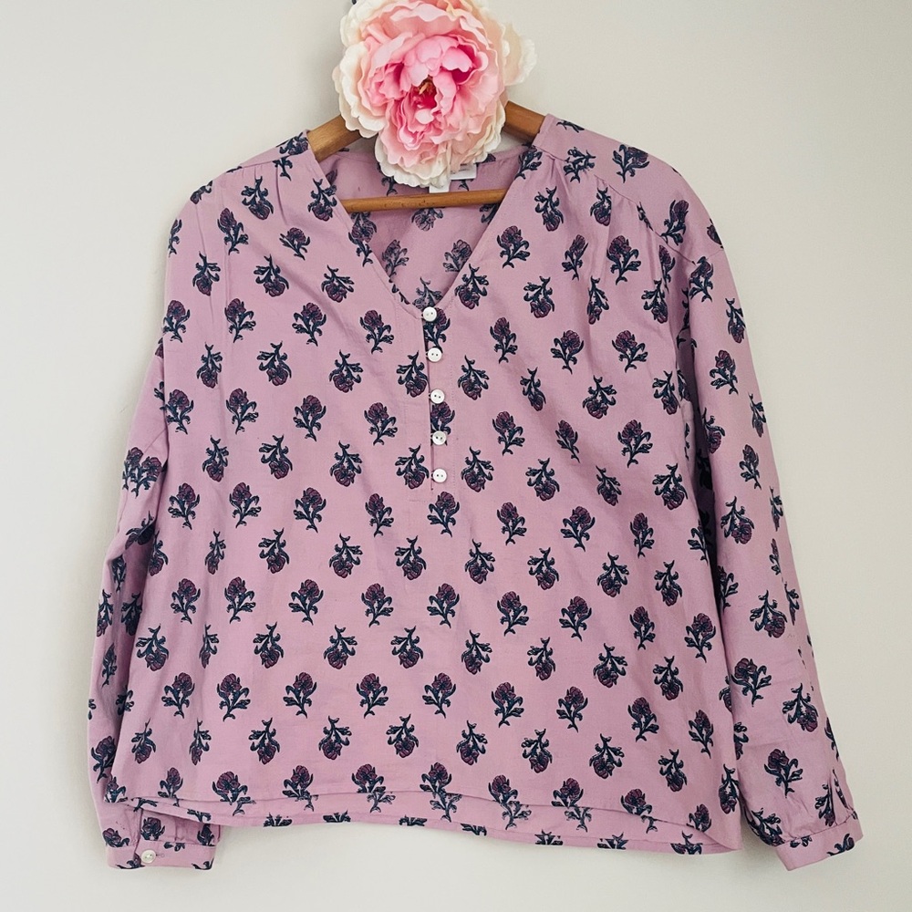 J. Jill Pure Jill Block Print Floral Pink Top Small Petite Organic Cotton